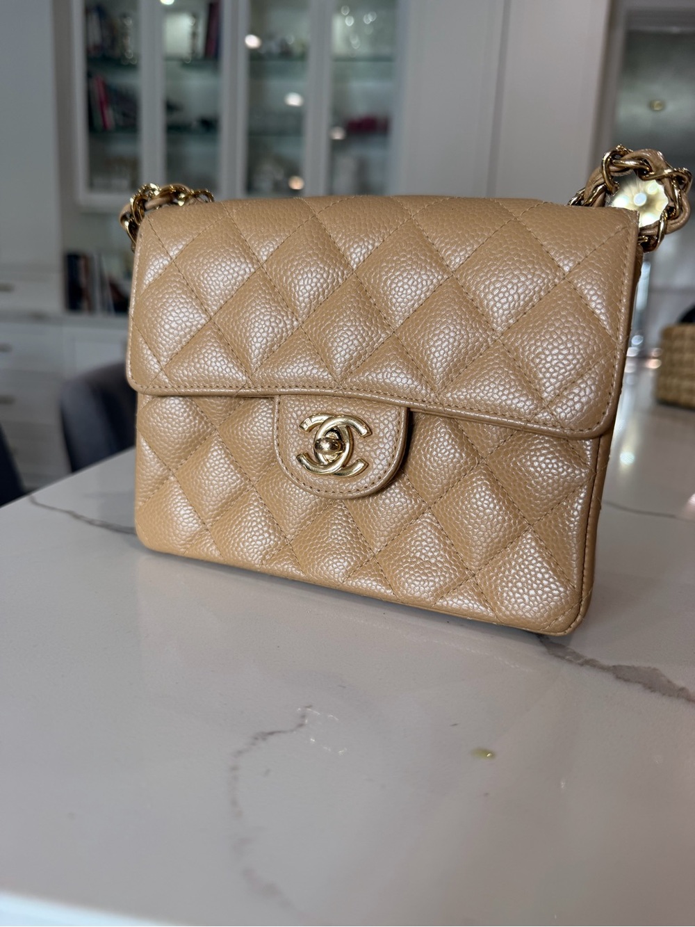 CHANEL mini single flap Beige Quilted Caviar Leather Crossbody Bag Gold Hardware